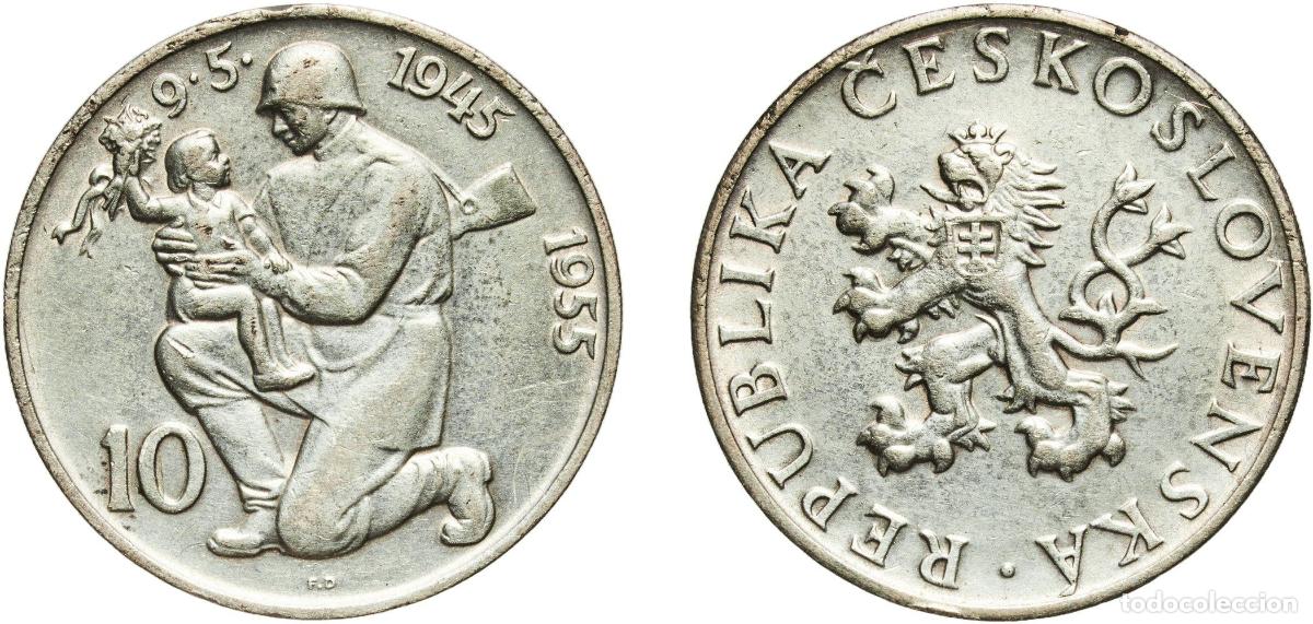 Monedas antiguas de Europa: Czechoslovakia People's Republic 1955 10 Korun (10 Years - Liberation) Silver (.500) (300000) 11.87
