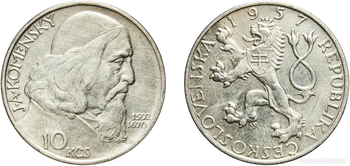 Monedas antiguas de Europa: Czechoslovakia People's Republic 1957 10 Korun (Jan &Aacute;mos Komensk&yacute;) Silver (.500) (150000) 11.97g AU