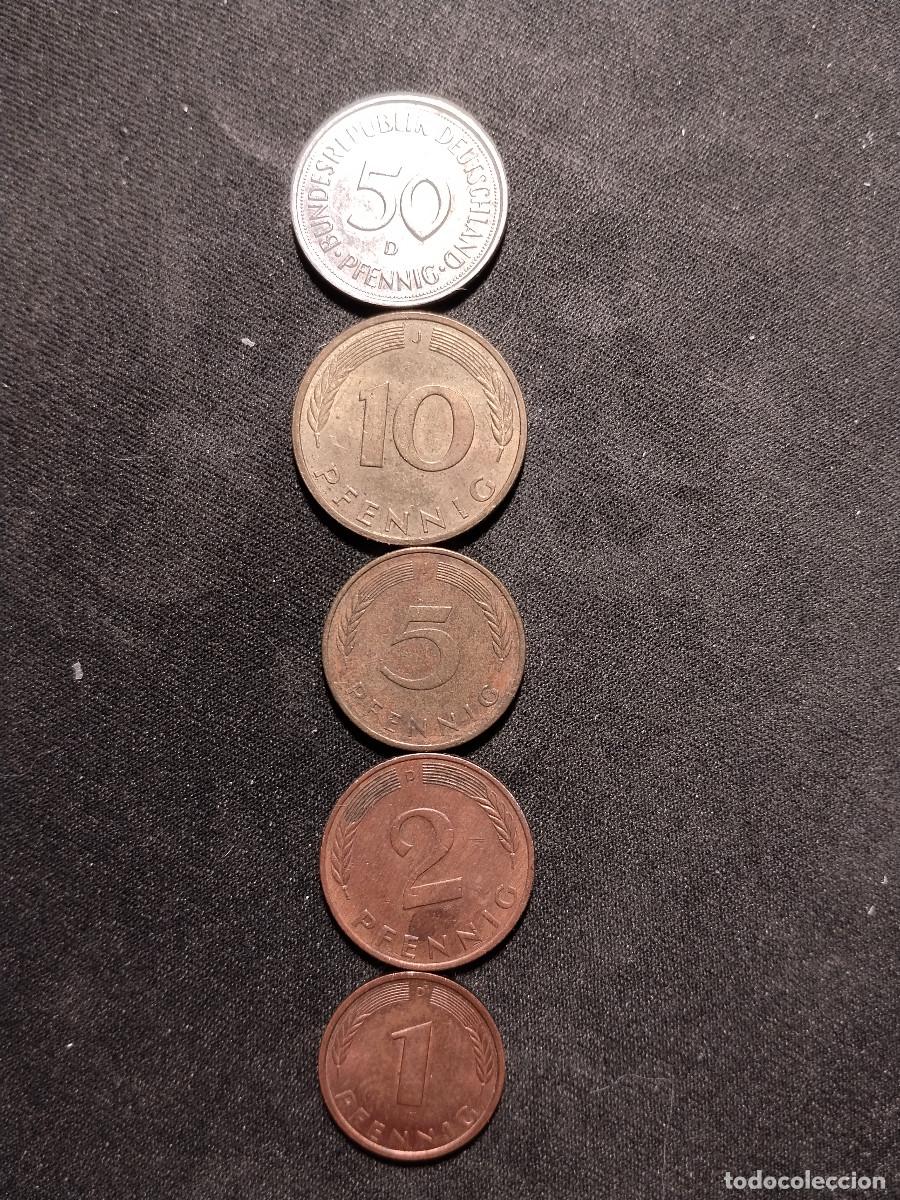 Monedas antiguas de Europa: Lote de 5 monedas alemanas &ndash; Pfennig y 50 Pfennig &ndash; A&ntilde;os 1971&ndash;1988
