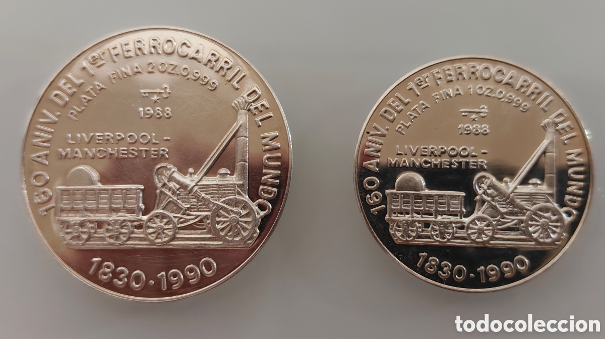 Monedas antiguas de Europa: 2 ONZAS PLATA 20 PESOS+1 OZ 10 PESOS 1830-1990 FERROCARRIL LIVERPOOL MANCHESTER S&oacute;lo 1000 Muy rara