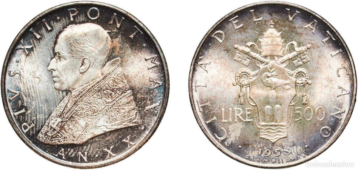 Monedas antiguas de Europa: Vatican City City State 1958 500 Lire - Pivs XII Silver (.835) (20000) 11g BU KM 56 Berman 3406