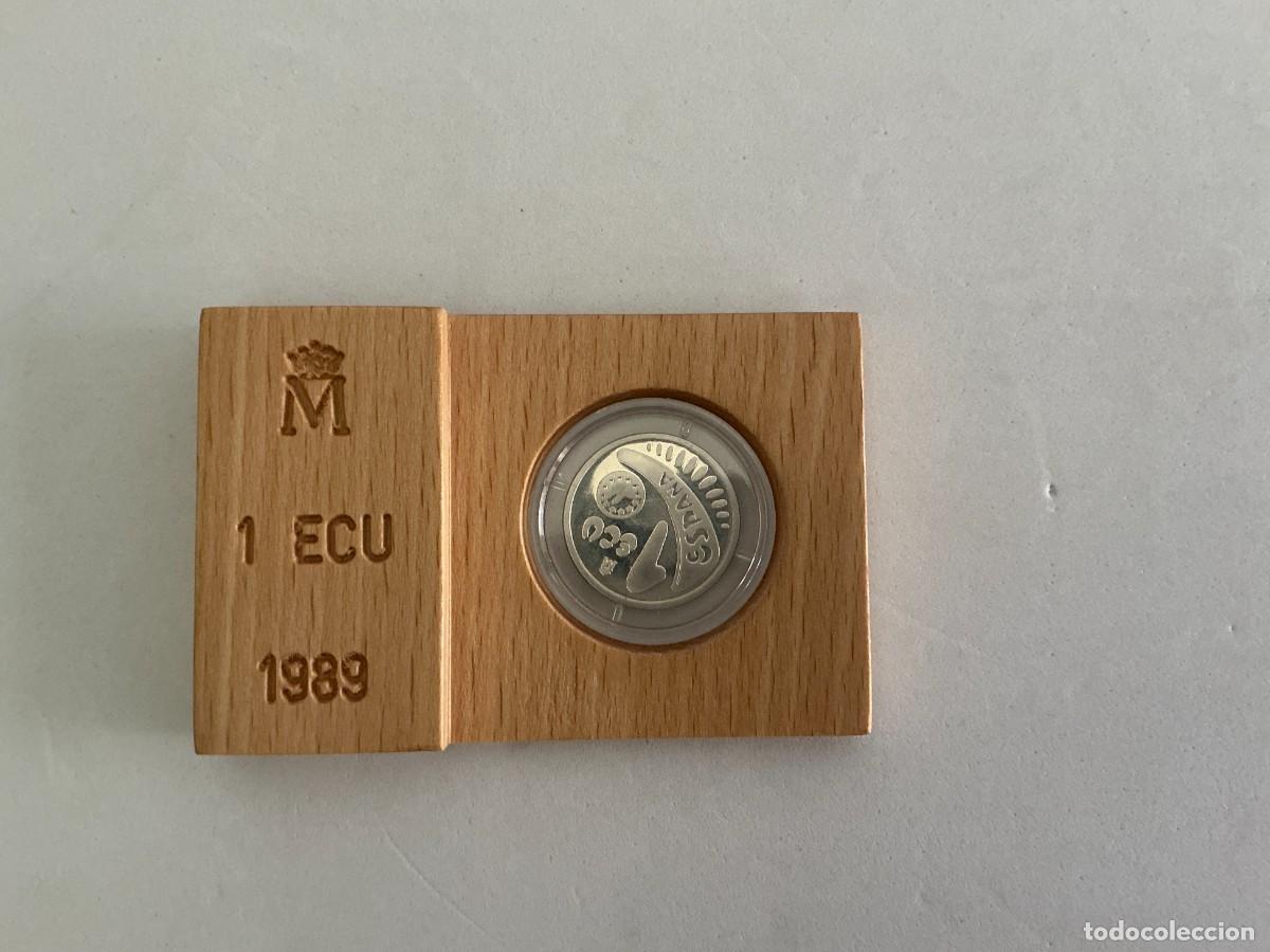 Monedas antiguas de Europa: Moneda 1 ECU 1989 Plata FNMT - Edici&oacute;n Especial 2.&ordm; Aniversario ICE con Expositor de Madera