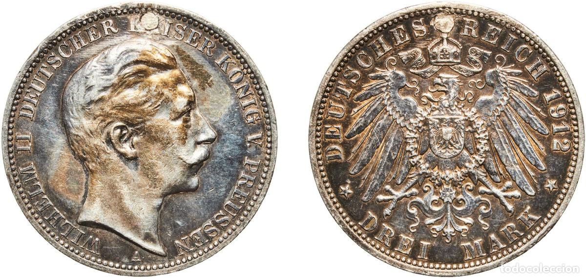 Monedas antiguas de Europa: Germany Kingdom of Prussia Second Empire 1912 A 3 Mark - William II Silver (.900) (10% copper) Berl