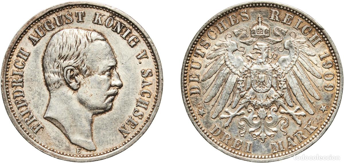Monedas antiguas de Europa: Germany Kingdom of Saxony Second Empire 1909 E 3 Mark - Friedrich August III Silver (.900) Muldenh&uuml;