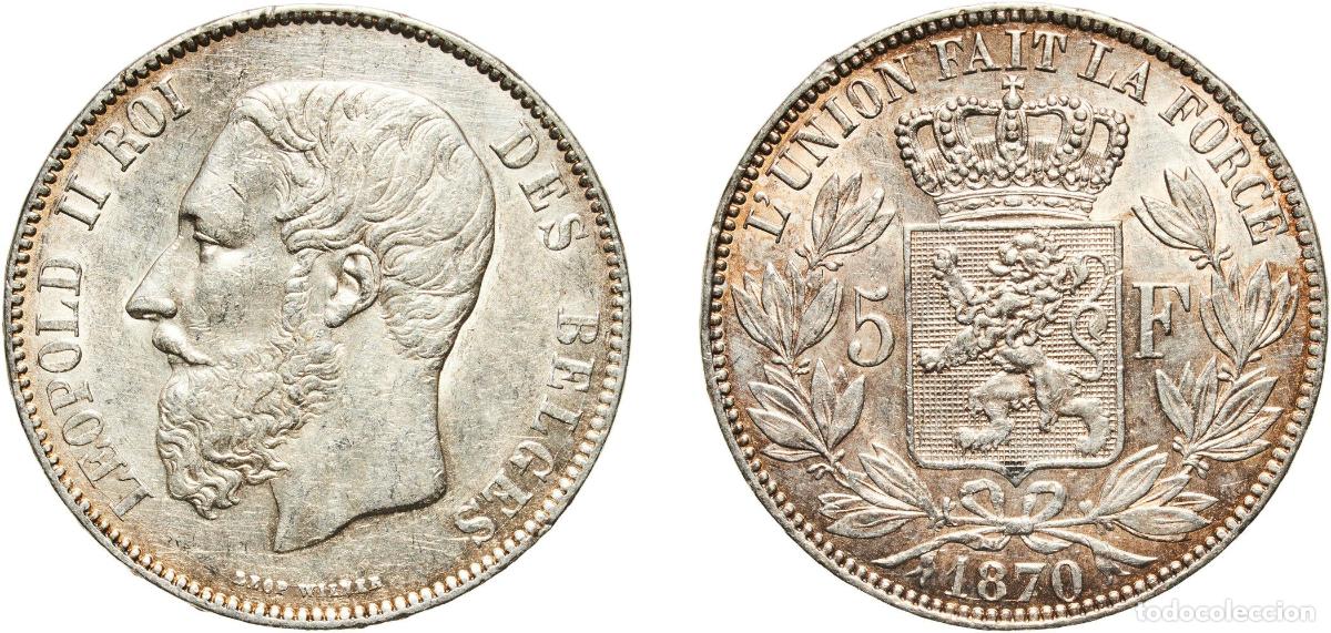 Monedas antiguas de Europa: Belgium Kingdom 1870 5 Francs - L&eacute;opold II (small head) Silver (.900) (10% copper) Royal Mint of Be