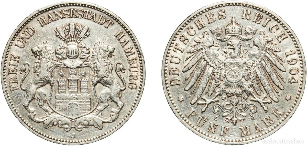 Monedas antiguas de Europa: Germany Free Hanseatic city of Hamburg Second Empire 1904 J 5 Mark Silver (.900) Hamburg Mint (3190