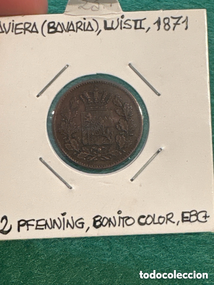 Moedas antigas da Europa: Moneda Luis II 1871, Baviera, 2 Pfenning (A6)