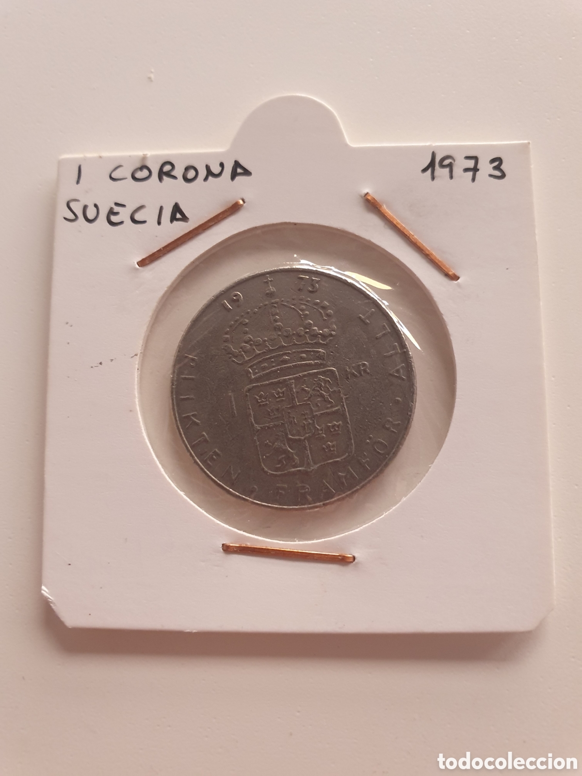 Moedas antigas da Europa: 1 corona Suecia 1973. Estuchado