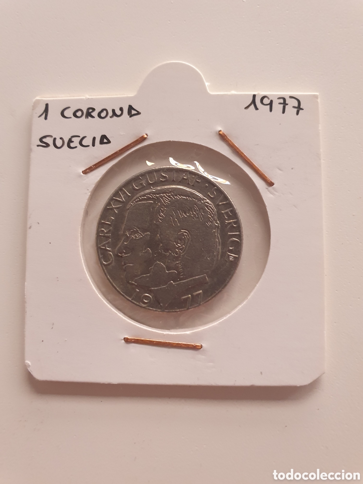 Alte M&uuml;nzen aus Europa: 1 corona Suecia 1977. Estuchado