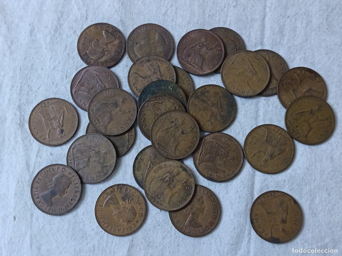 Moedas antigas da Europa: LE2, Lote de Antiguas Monedas Extranjeras, unos 250 grs., Cobre, 1 penny, Inglaterra