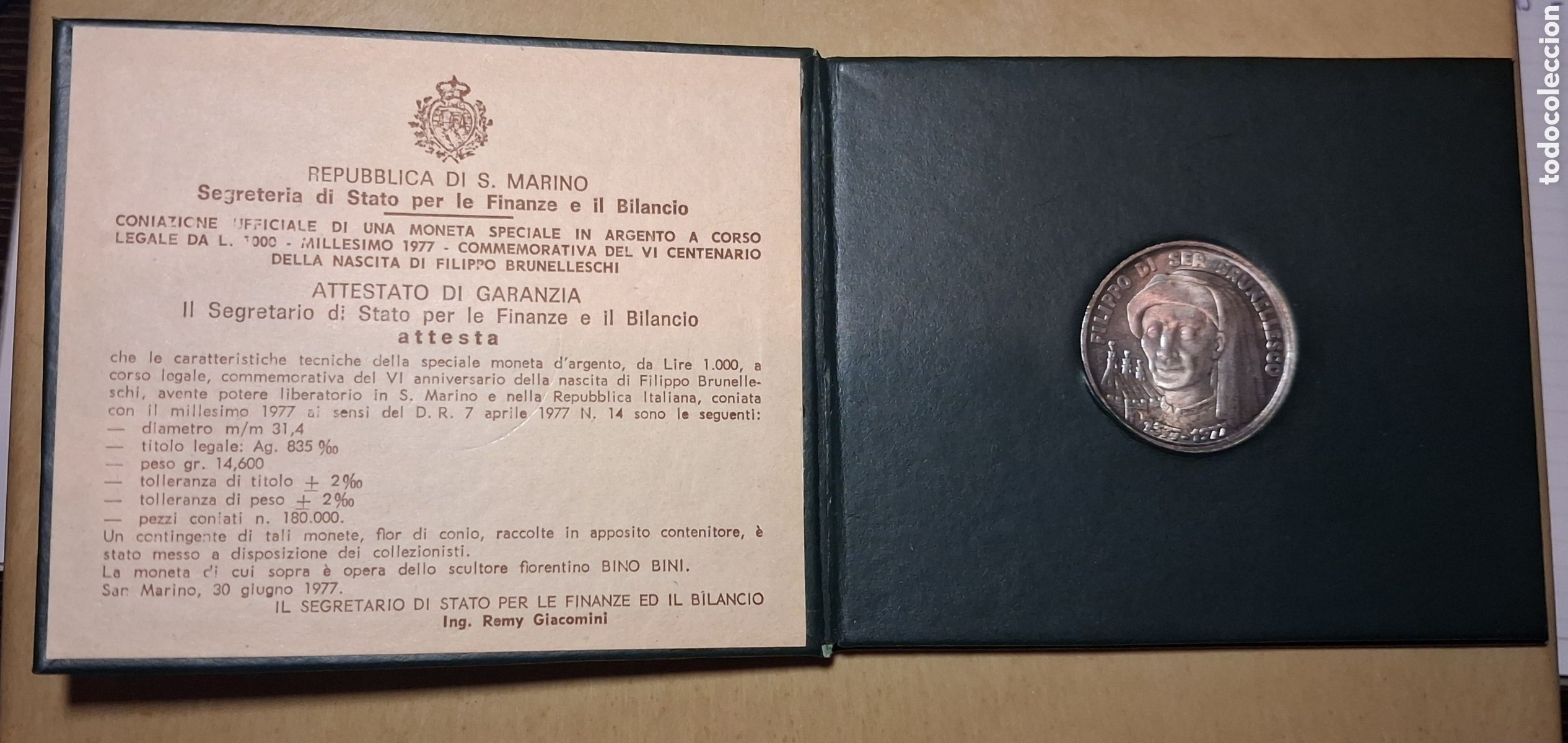 Monedas antiguas de Europa: ESTUCHE SAN MARINO 1000 LIRAS 1977 Filippo BRUNELLESCHI PLATA