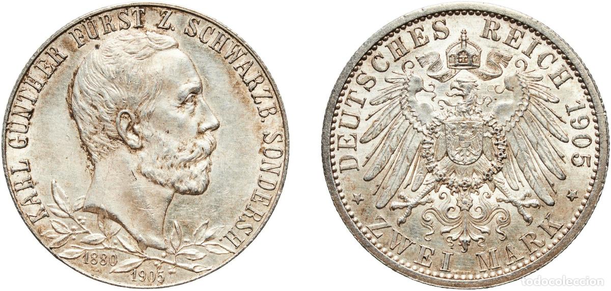 Monedas antiguas de Europa: 2 Mark - Charles G&uuml;nther (Silver Jubilee; thin rim) 1905 Original luster