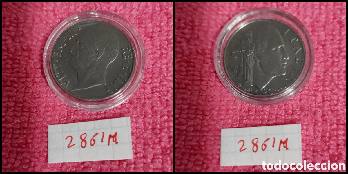 Monedas antiguas de Europa: 20 cent&eacute;simos de Italia a&ntilde;o 1943, XXI magn&eacute;tica, 21,8mm