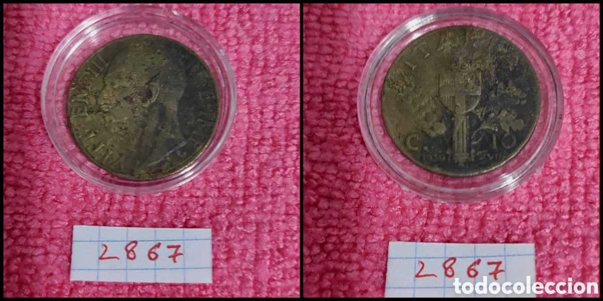 Monedas antiguas de Europa: 10 cent&eacute;simos italianos a&ntilde;o 1939