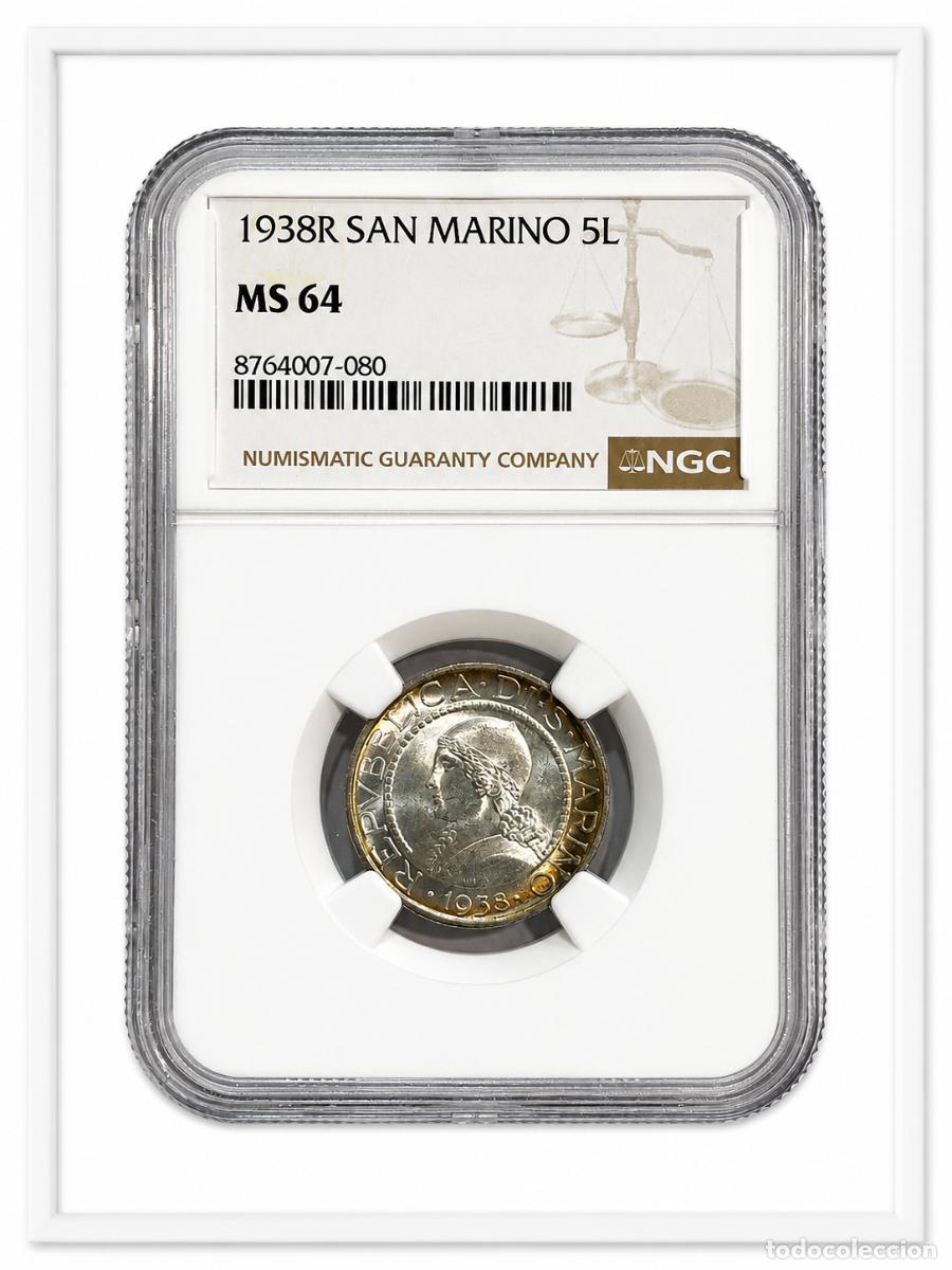 Monedas antiguas de Europa: *** MAGN&Iacute;FICAS 5 LIRE DE SAN MARINO. 1938 ROMA. ENCAPSULADA POR NGC COMO MS 64. PLATA ***