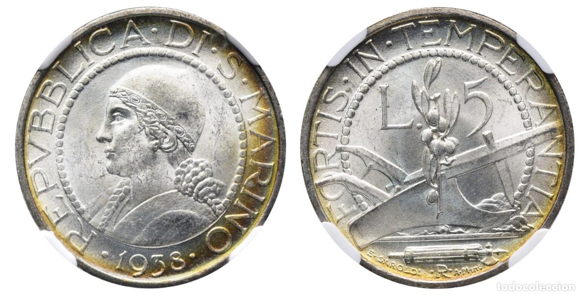 Monete antiche di Europa: *** MAGN&Iacute;FICAS 5 LIRE DE SAN MARINO. 1938 ROMA. ENCAPSULADA POR NGC COMO MS 64. PLATA ***