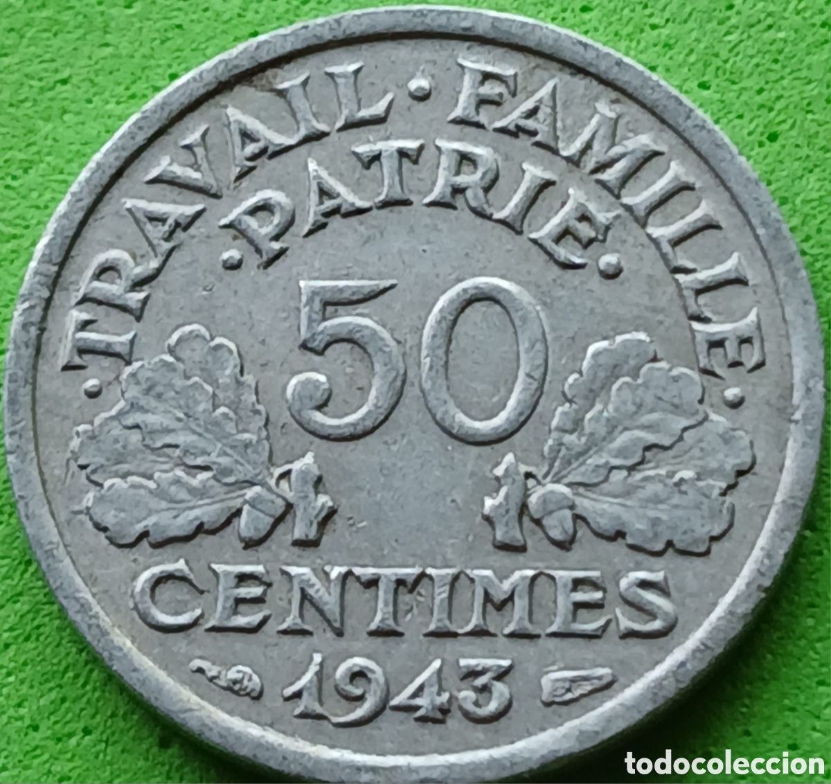 Monedas antiguas de Europa: Francia 50 c&eacute;ntimos 1943 km#914 sin marca de ceca