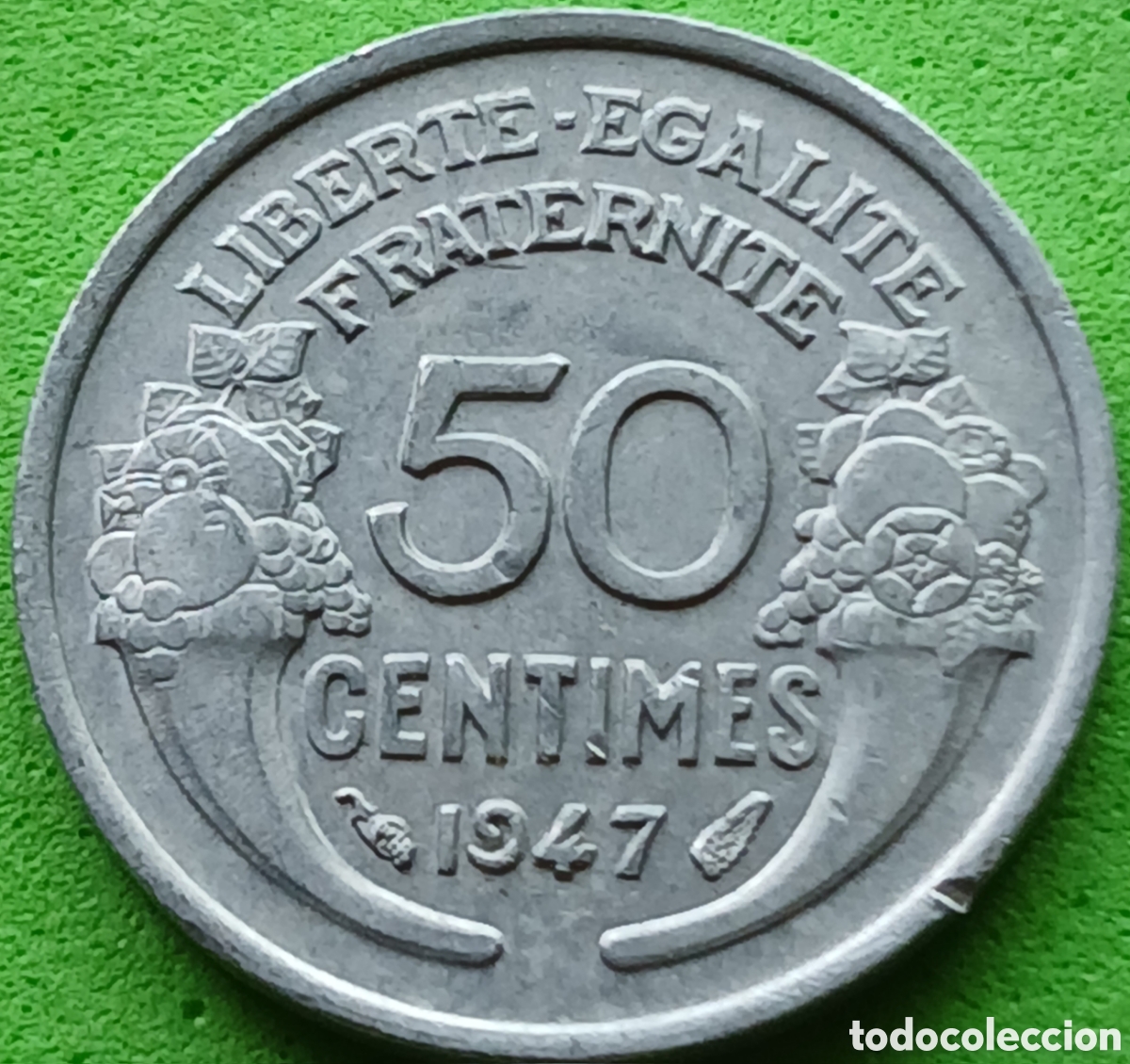 Monedas antiguas de Europa: Francia 50 c&eacute;ntimos 1947 km#894a sin marca de ceca