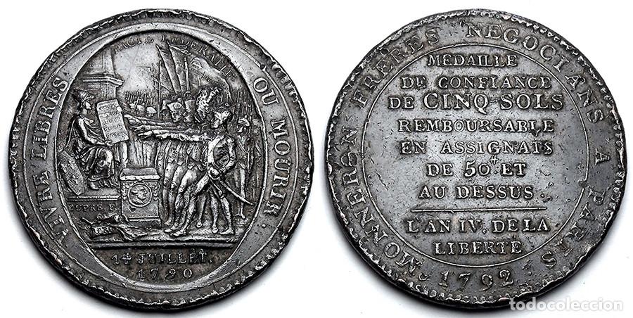 Monnaies anciennes de Europe: FRANCIA - 5 SOLES - 1792 - MONNERON FRERES - BRONCE - E.B.C - ESCASA