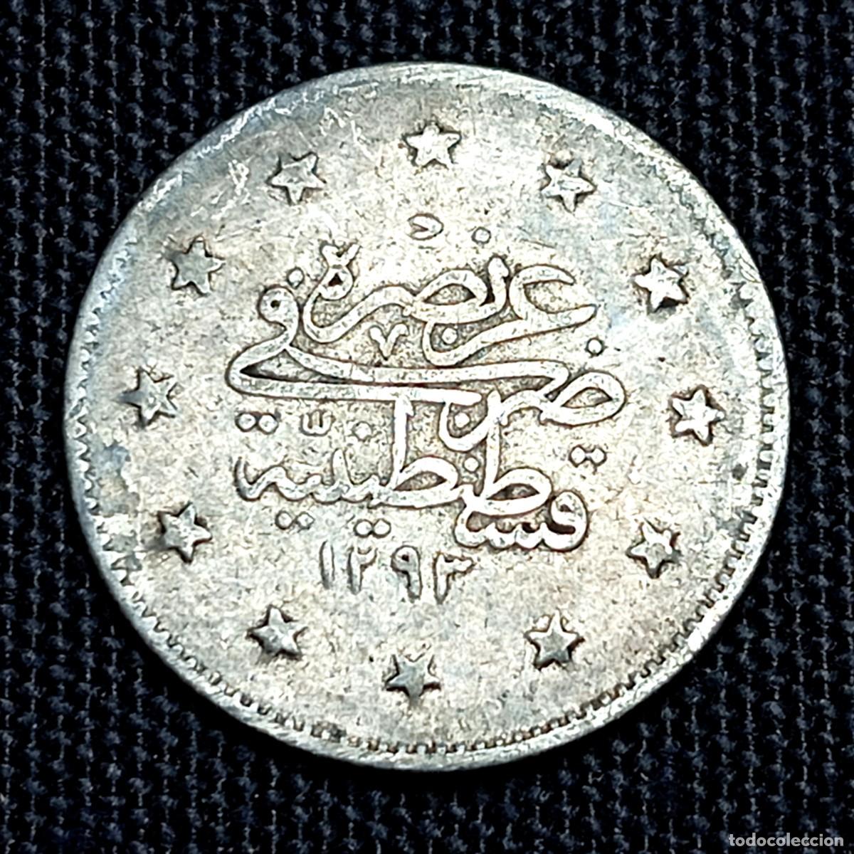 Monedas antiguas de Europa: ⚜️ BBG5 3. Moneda Plata Imperio Otomano 2 Kurus 1293 AH (٢٩) 1904 Abdul Hamid II El Ghazi