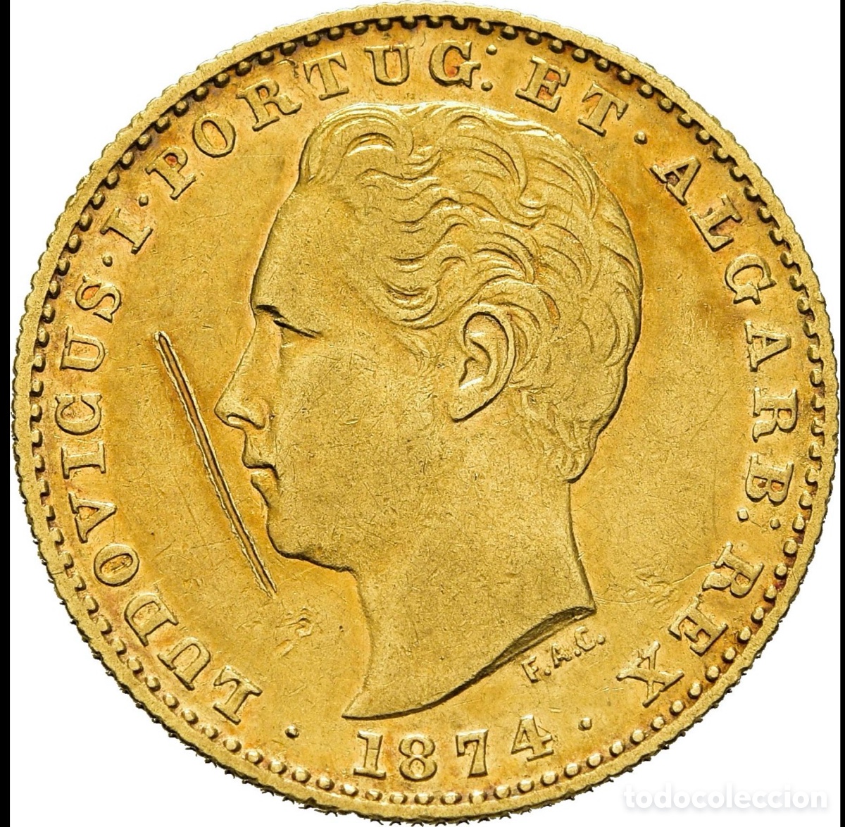 Monedas antiguas de Europa: Moneda ORO PORTUGAL 2000 Reis 1874 Luis I. Da&ntilde;ada