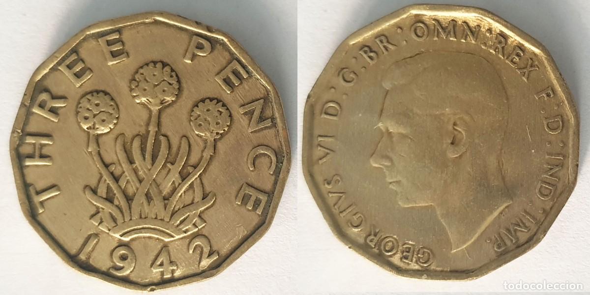 Monedas antiguas de Europa: Reino Unido 3 Peniques 1942 Jorge VI &ndash; Three Pence &ndash; Lat&oacute;n &ndash; 12 lados