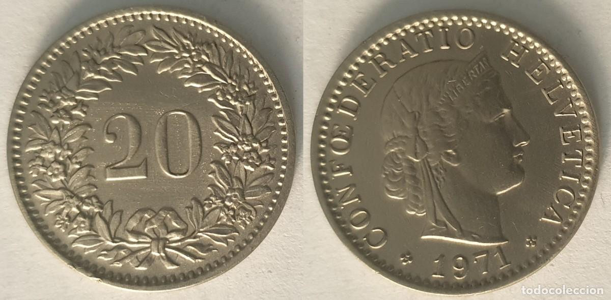 Monedas antiguas de Europa: Suiza 20 C&eacute;ntimos 1971 &ndash; Helvetia &ndash; Cupron&iacute;quel
