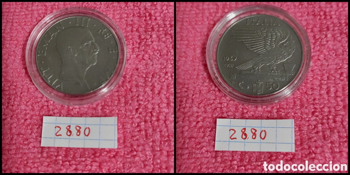 Monedas antiguas de Europa: 50 cent&eacute;simos italianos a&ntilde;o 1939 XVIII, no magn&eacute;tica