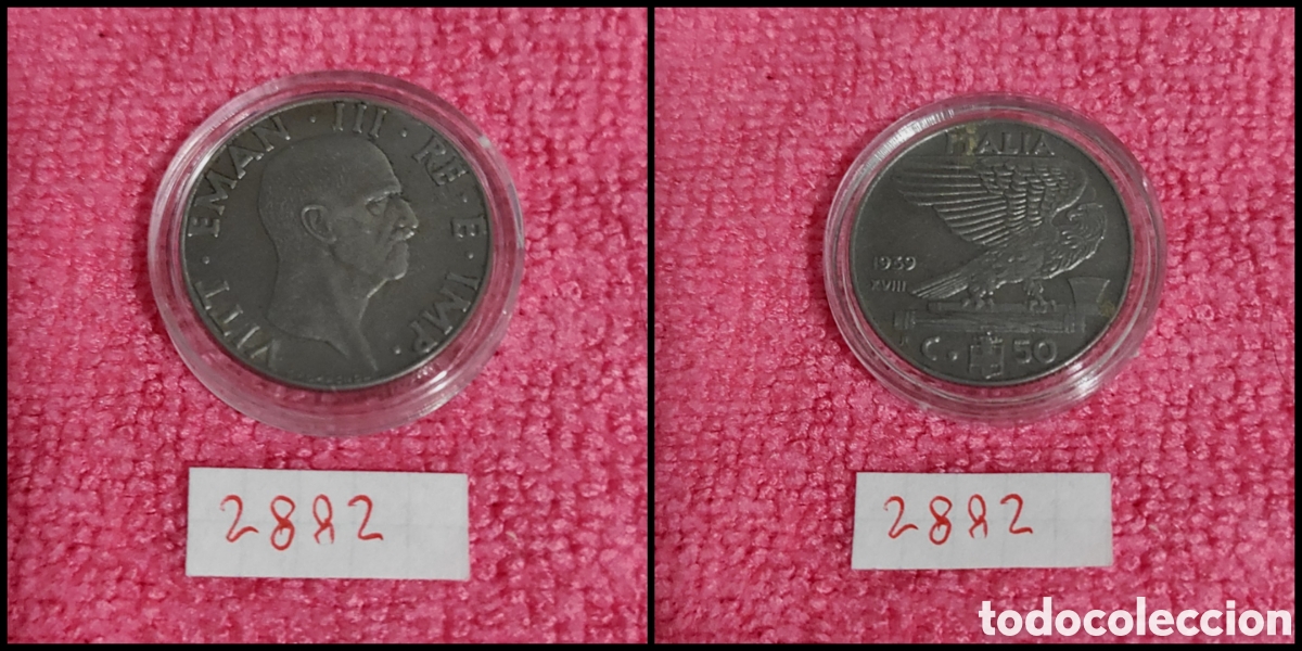 Monedas antiguas de Europa: 50 cent&eacute;simos italianos a&ntilde;o 1939 XVIII, no magn&eacute;tica