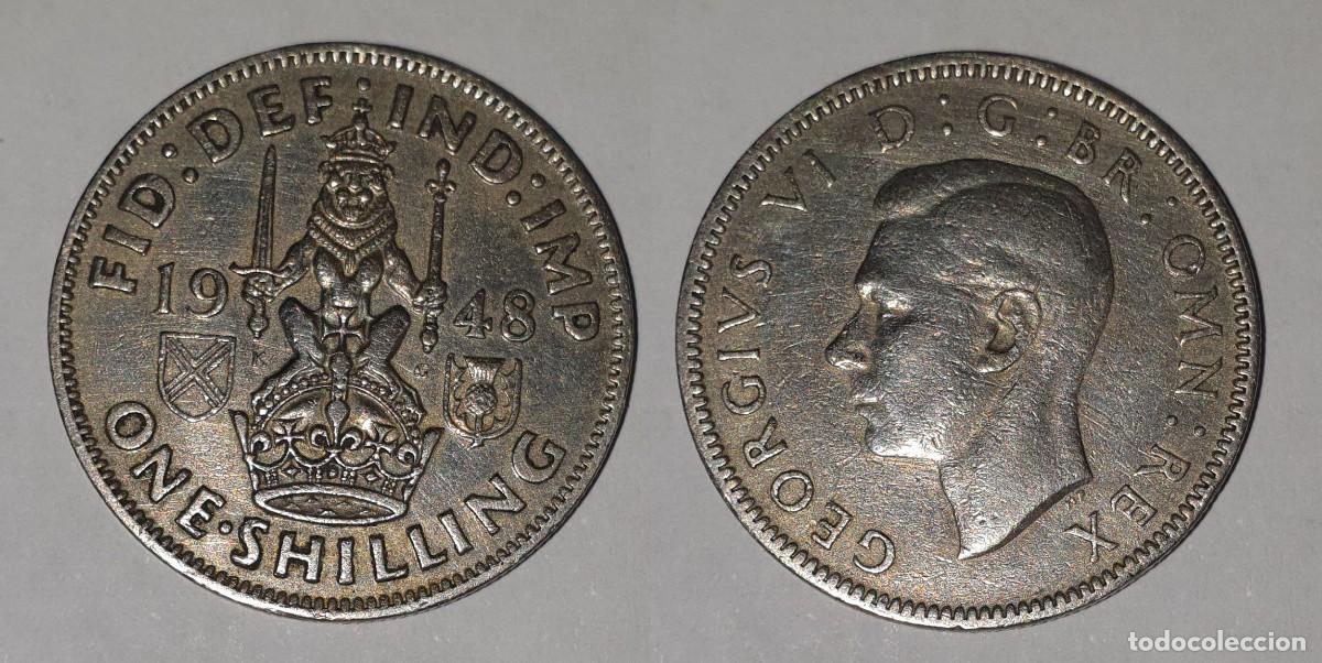 Monedas antiguas de Europa: Reino Unido 1 Chel&iacute;n 1948 Escocia - Jorge VI - Le&oacute;n sobre la Corona - KM#864