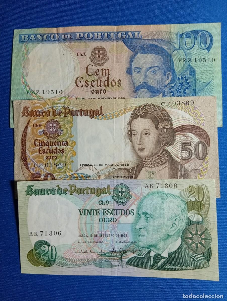Monedas antiguas de Europa: 3 billetes de Portugal 100, 50 y 20 escudos