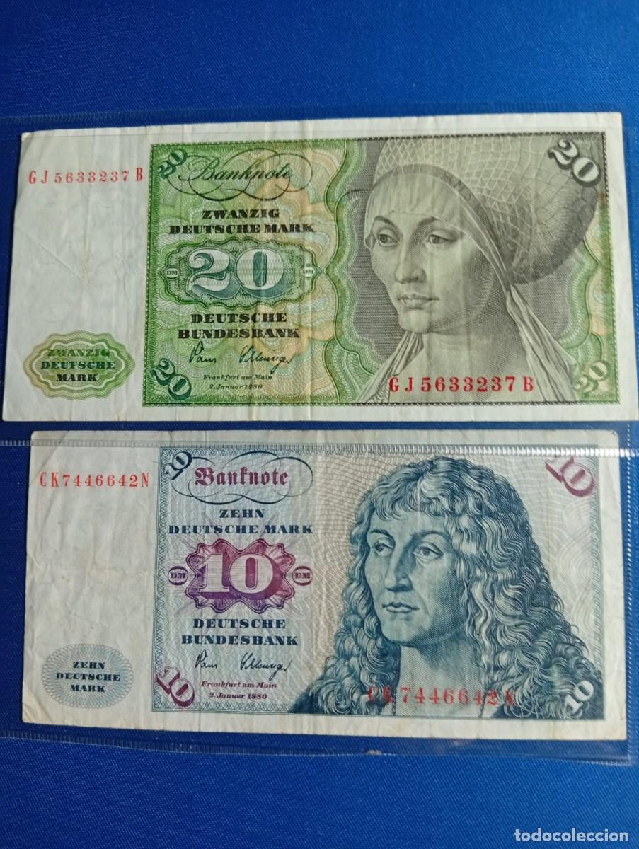 Monedas antiguas de Europa: 2 billetes Alemania 20 y 10 marcos