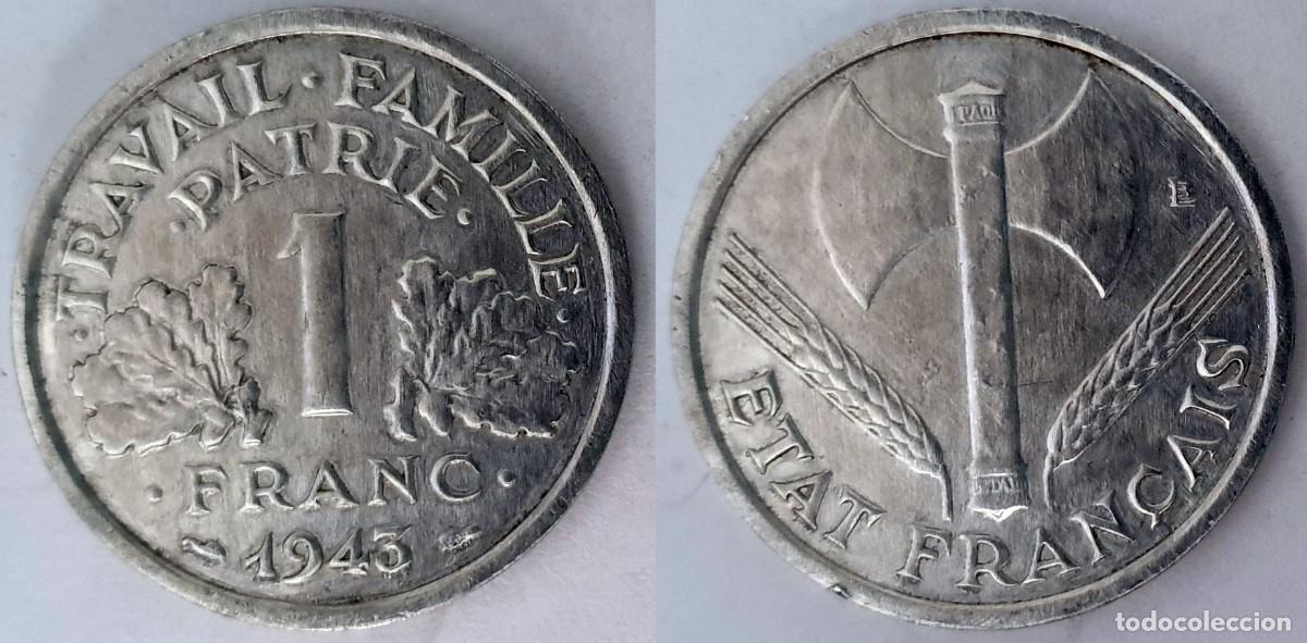 Monedas antiguas de Europa: Francia 1 Franco 1943 (Estado Franc&eacute;s &ndash; Vichy) &ndash; KM#902