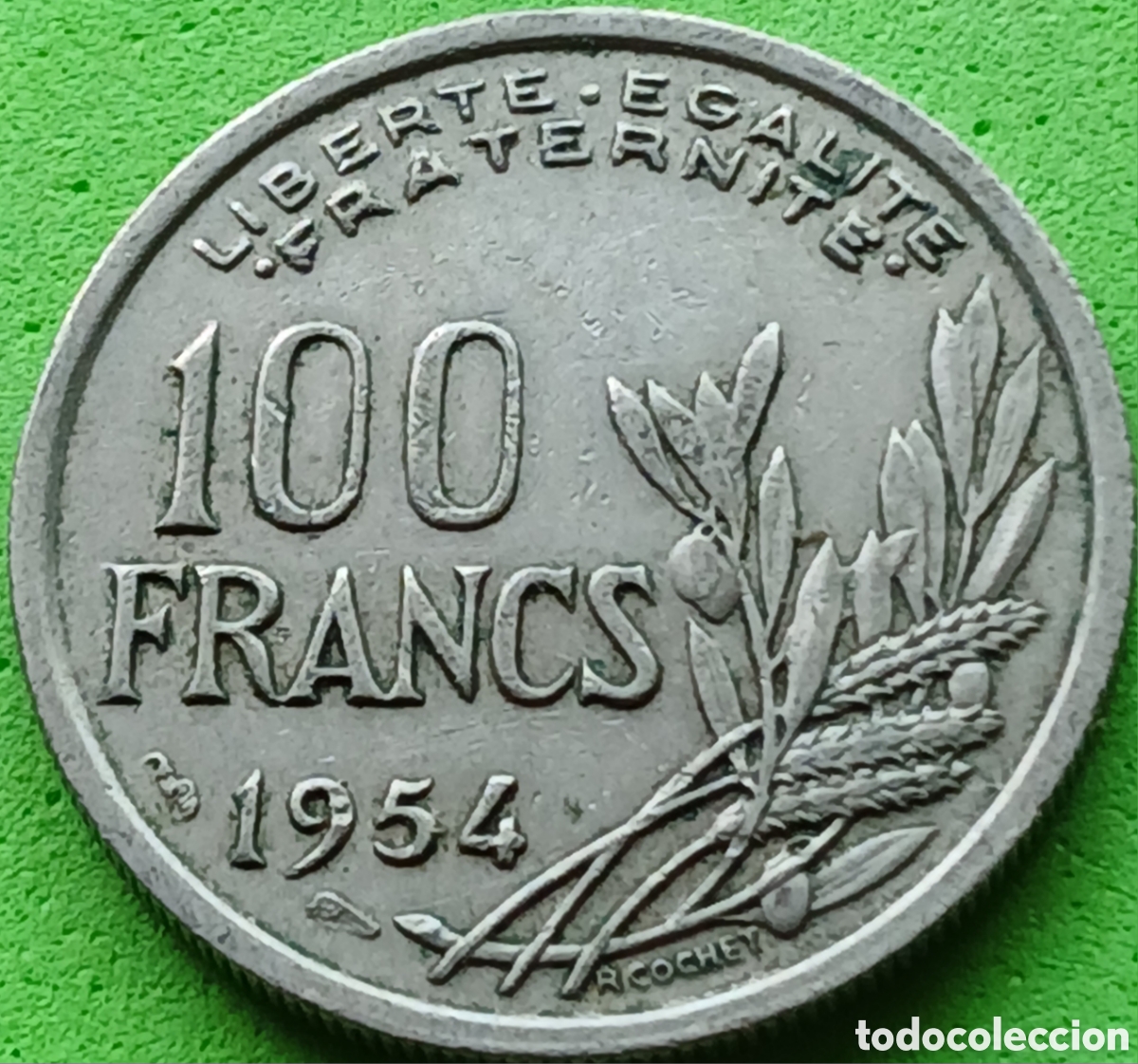 Monedas antiguas de Europa: Francia 100 francos 1954 km#919 sin marca de ceca