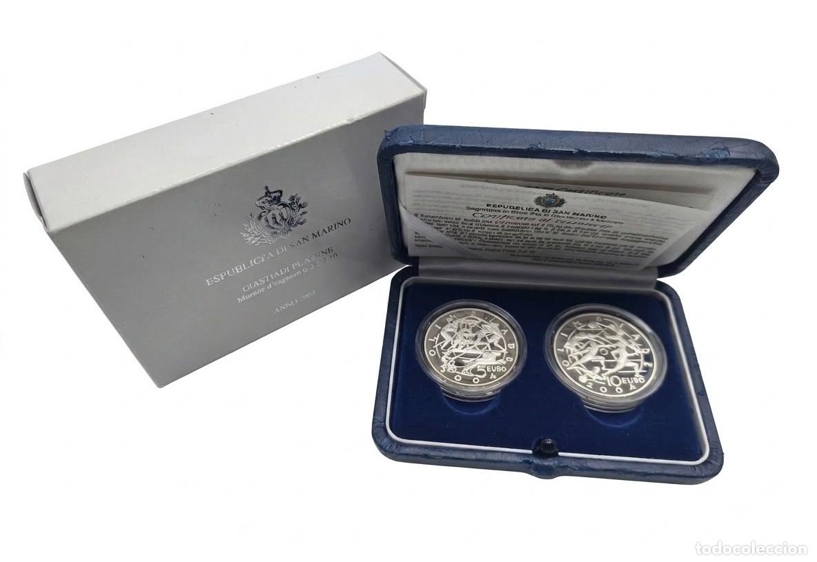 Monedas antiguas de Europa: San Marino estuche 5 + 10 Euros Juegos Ol&iacute;mpicos de Verano 2003 (2004) Km 453 454 Plata Proof