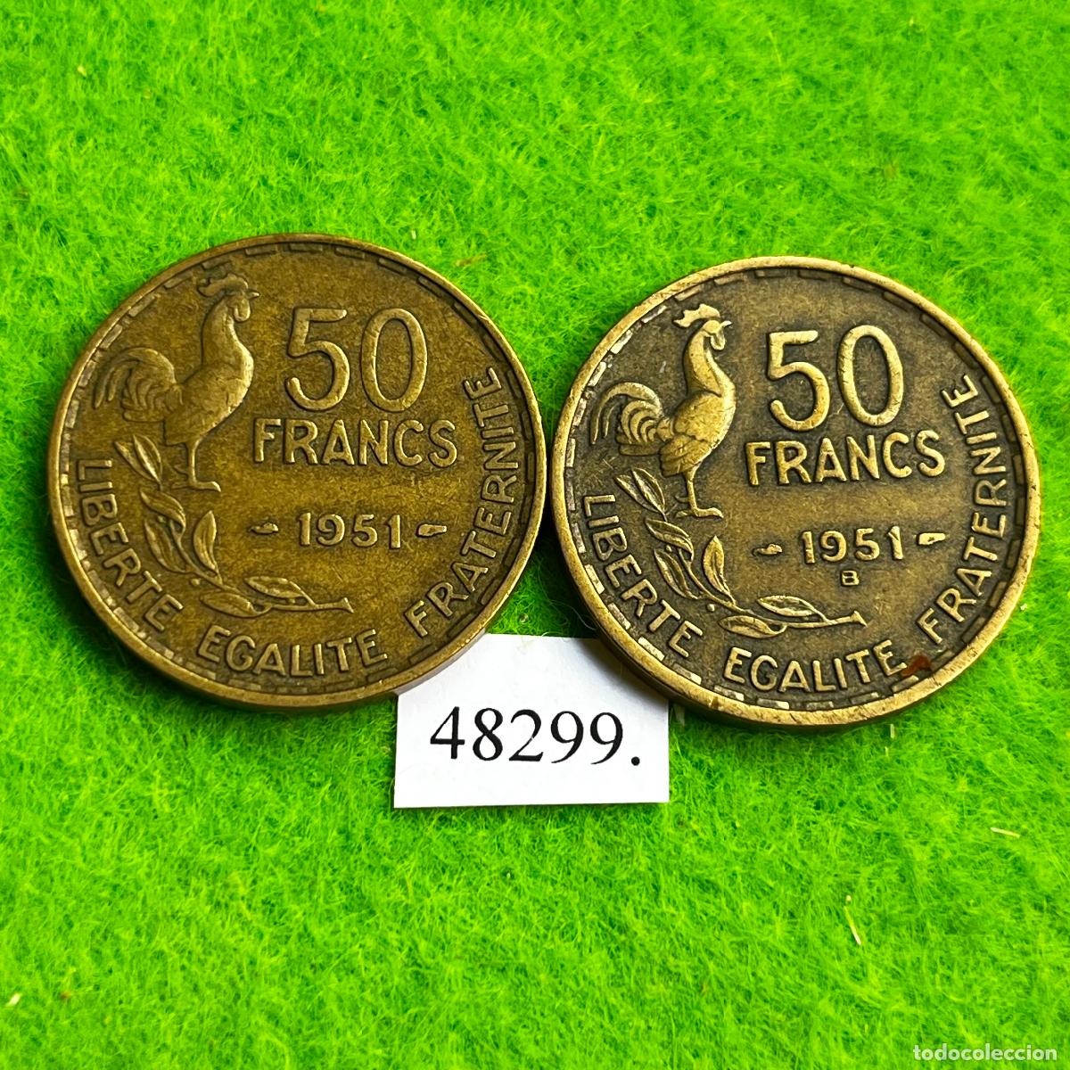Monedas antiguas de Europa: Francia 50 francos 1951 y 1951 B, lote 2 monedas
