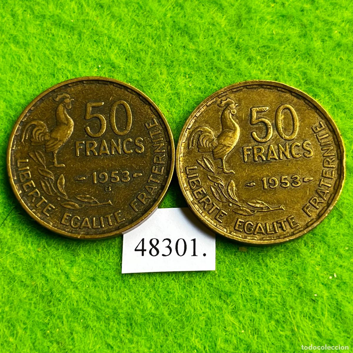 Monedas antiguas de Europa: Francia 50 francos 1953 y 1953 B, lote 2 monedas