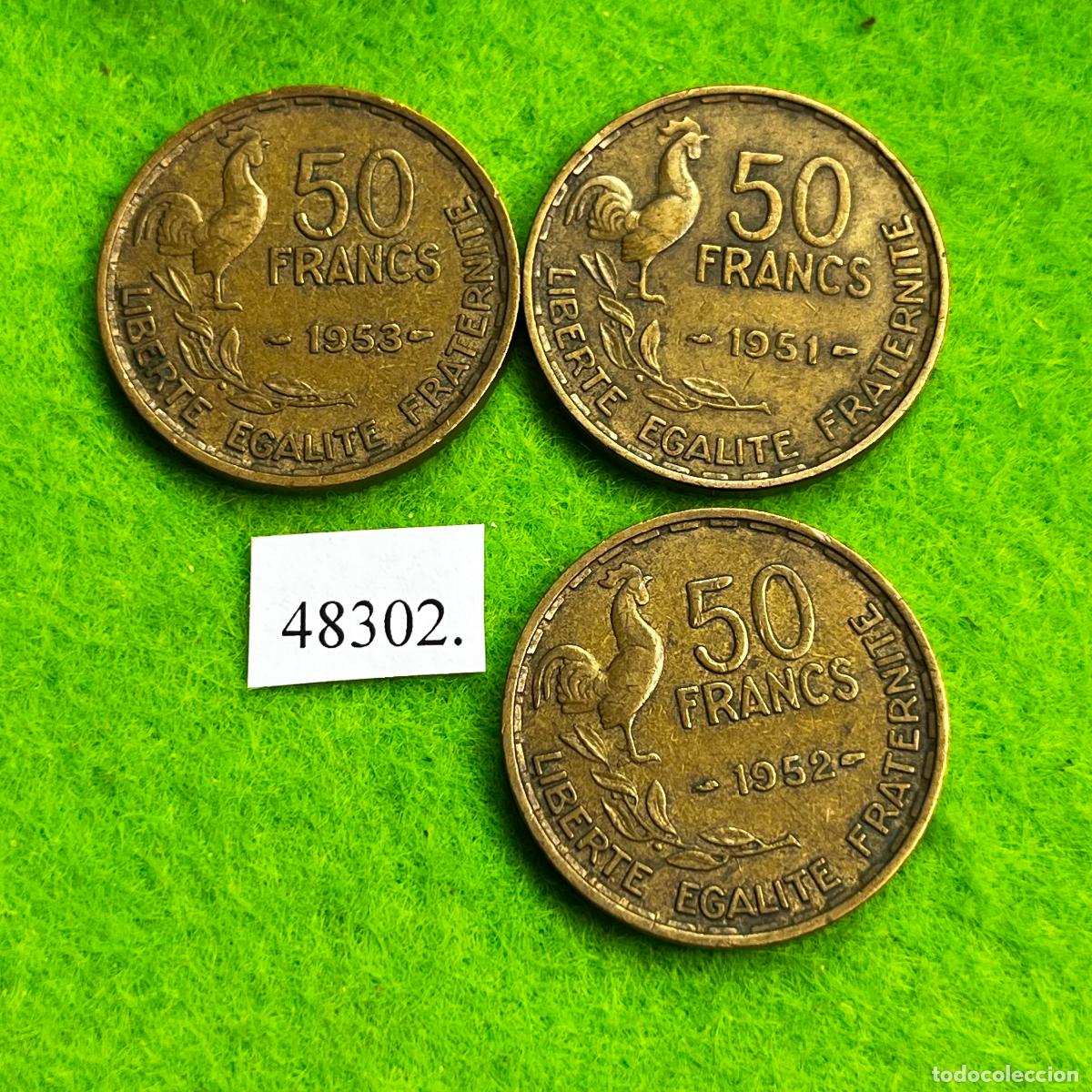 Monedas antiguas de Europa: Francia 50 francos 1951, 1952 y 1953, lote 3 monedas