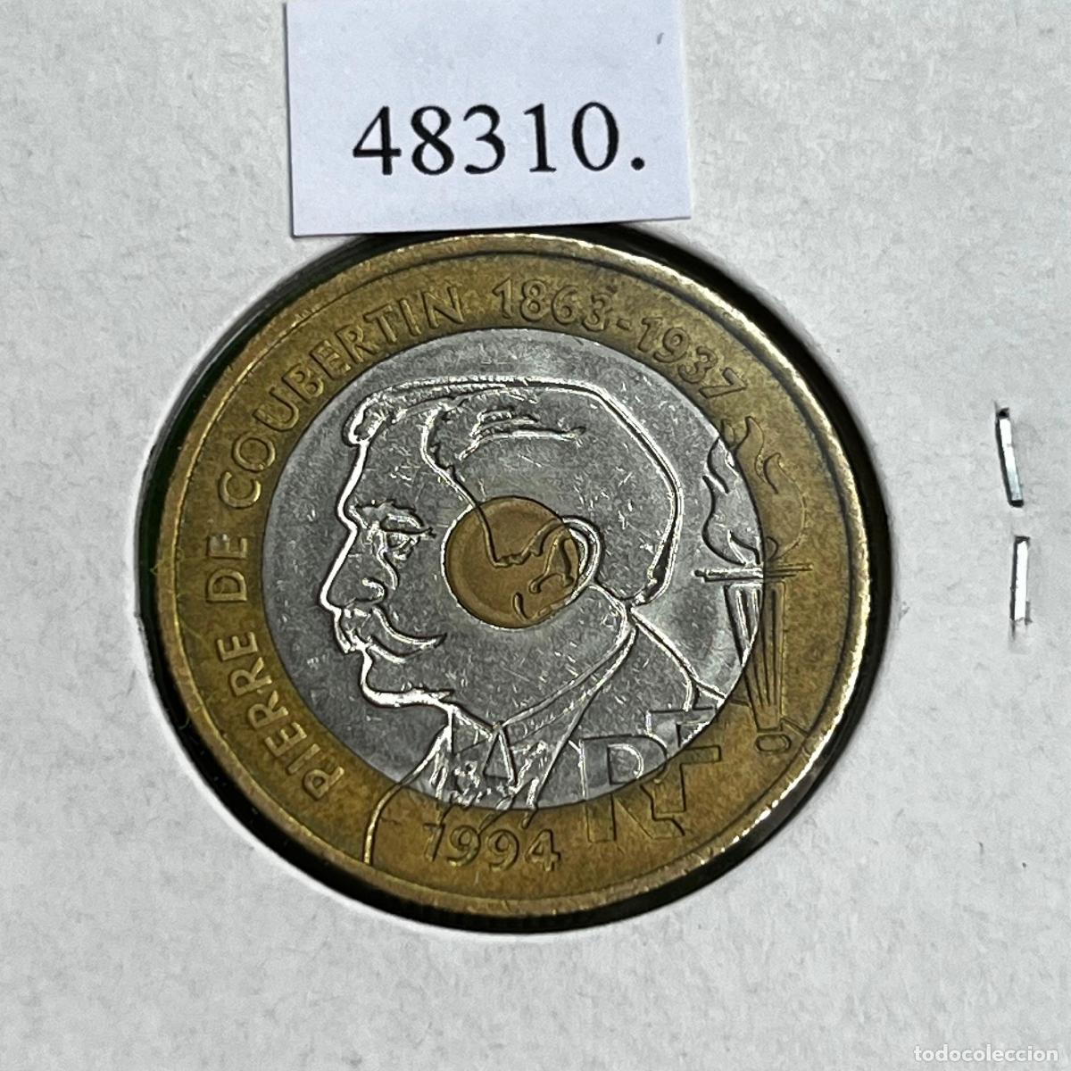 Moedas antigas da Europa: Francia 20 francos 1994, Pierre de Coubertin, bimet&aacute;lica, trimet&aacute;lica .