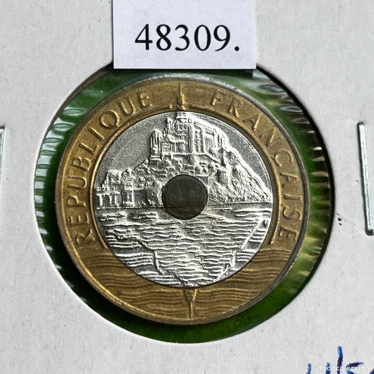 Moedas antigas da Europa: Francia 20 francos 1992, Mont Saint Michel, bimet&aacute;lica, trimet&aacute;lica .