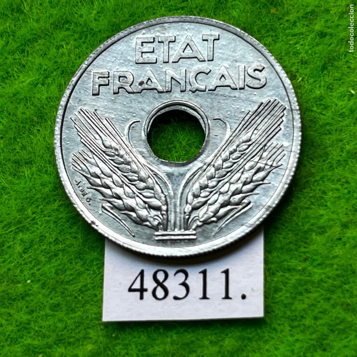Moedas antigas da Europa: Francia 20 centimos 1941, ocupaci&oacute;n Alemania nazi, Gobierno de Vichy