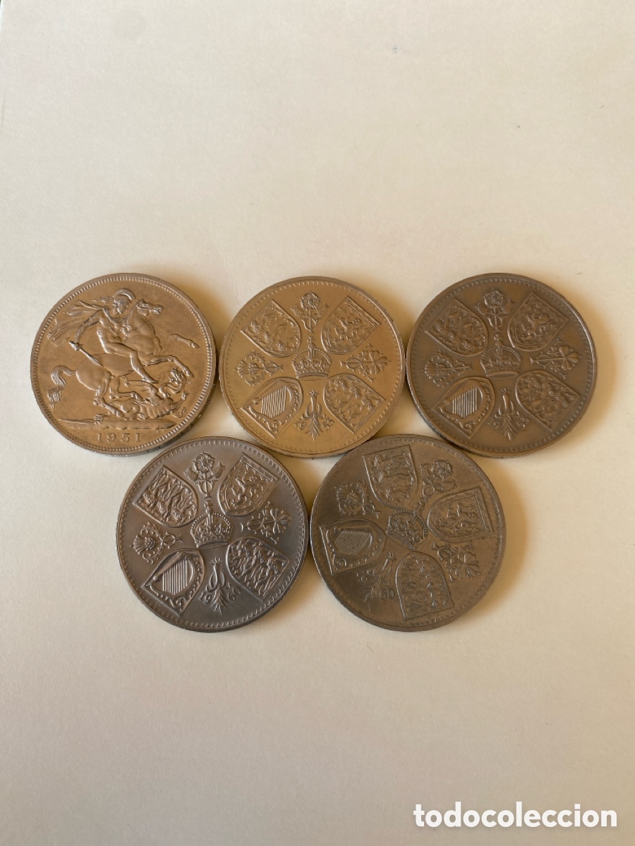 Monedas antiguas de Europa: Lote 5 Monedas Crown (Cinco Chelines) - Jorge VI (1951) e Isabel II (1953)