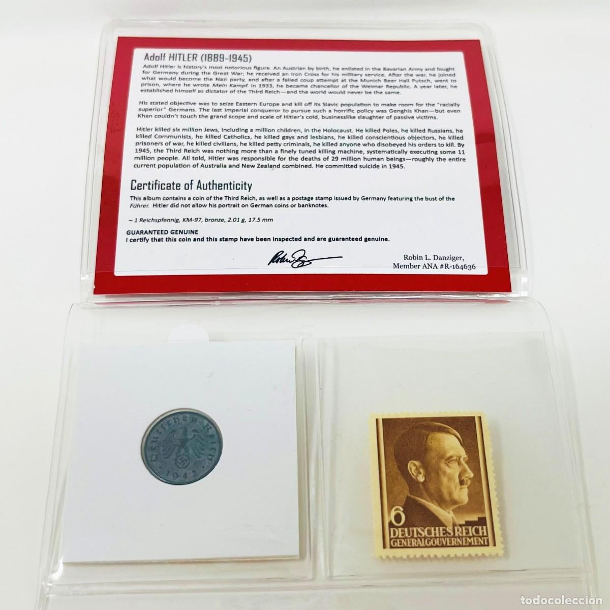 Monedas antiguas de Europa: Set Original Tercer Reich | Moneda 1 Reichspfennig 1942 + Sello Postal Alem&aacute;n | con Certificado