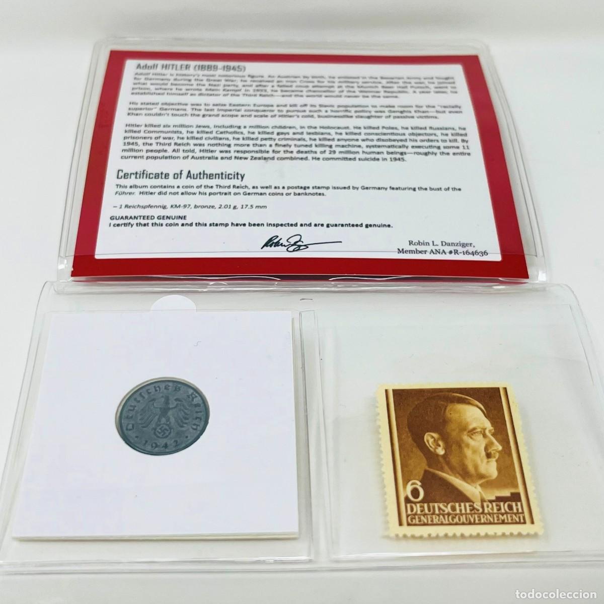 Monedas antiguas de Europa: Set Original Tercer Reich | Moneda 1 Reichspfennig 1942 + Sello Postal Alem&aacute;n | con Certificado