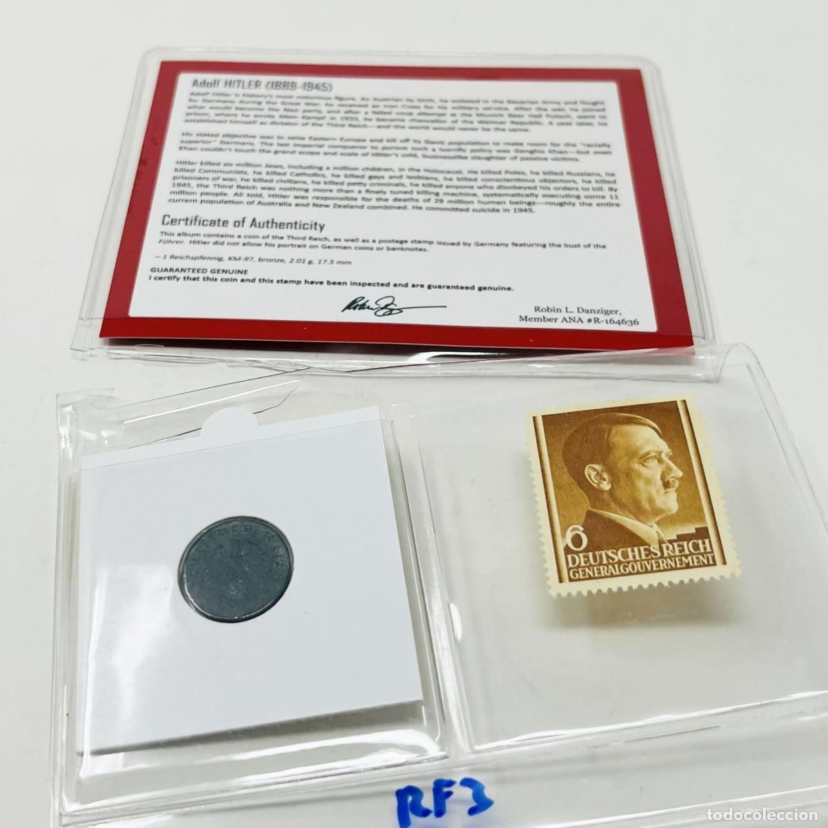 Monedas antiguas de Europa: Set Original Tercer Reich | Moneda 1 Reichspfennig 1942 + Sello Postal Alem&aacute;n | con Certificado