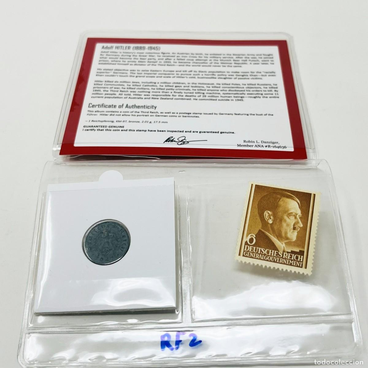 Monedas antiguas de Europa: Set Original Tercer Reich | Moneda 1 Reichspfennig 1942 + Sello Postal Alem&aacute;n | con Certificado