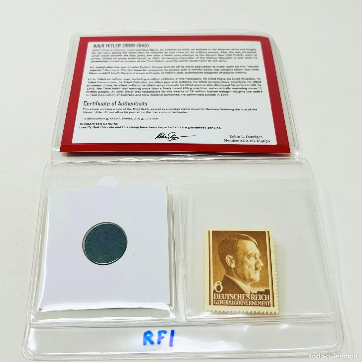 Monedas antiguas de Europa: Set Original Tercer Reich | Moneda 1 Reichspfennig 1942 + Sello Postal Alem&aacute;n | con Certificado