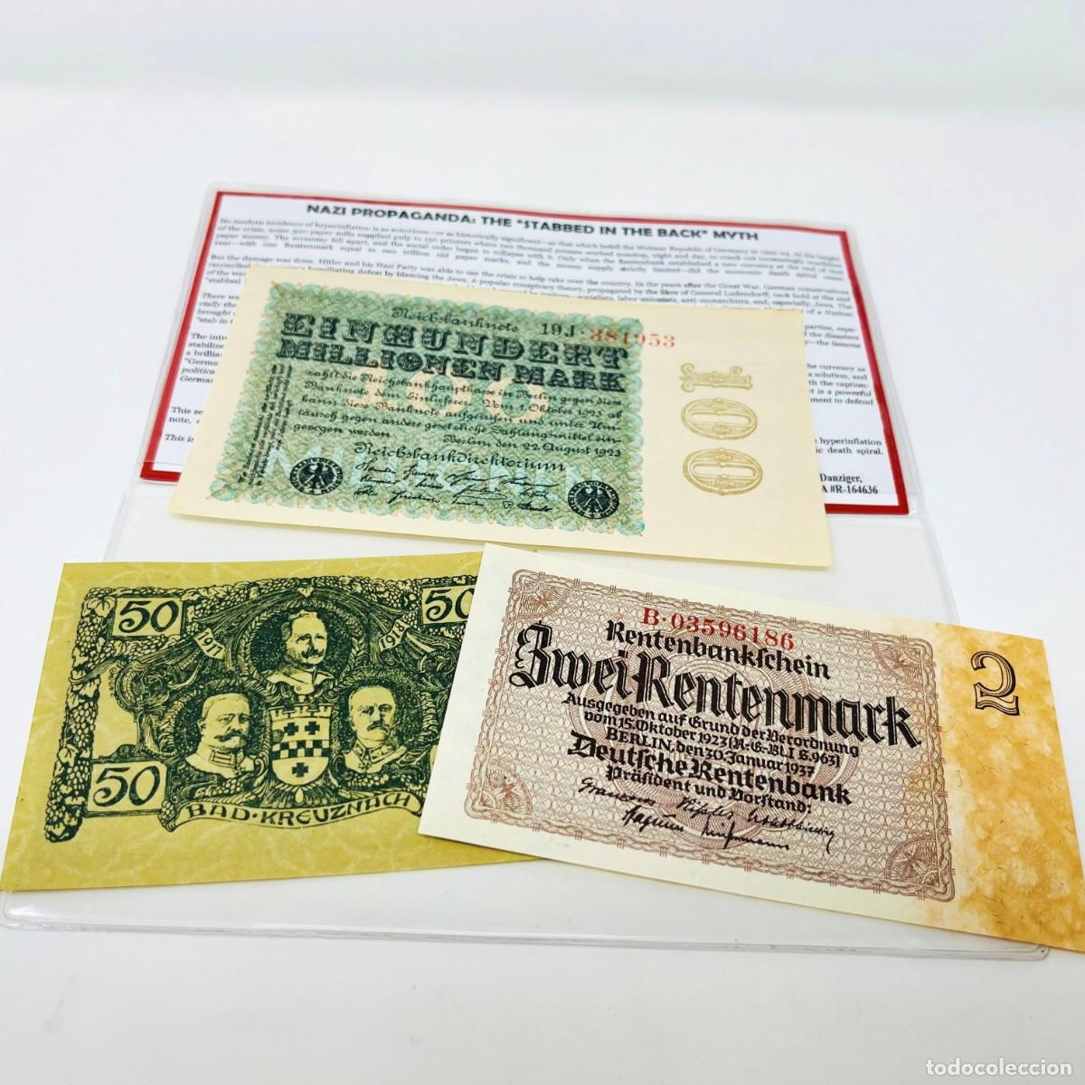 Monedas antiguas de Europa: Set 3 Billetes Originales Alemania 1923-1937 | Hiperinflaci&oacute;n y Rentenmark | S/C + Certificado