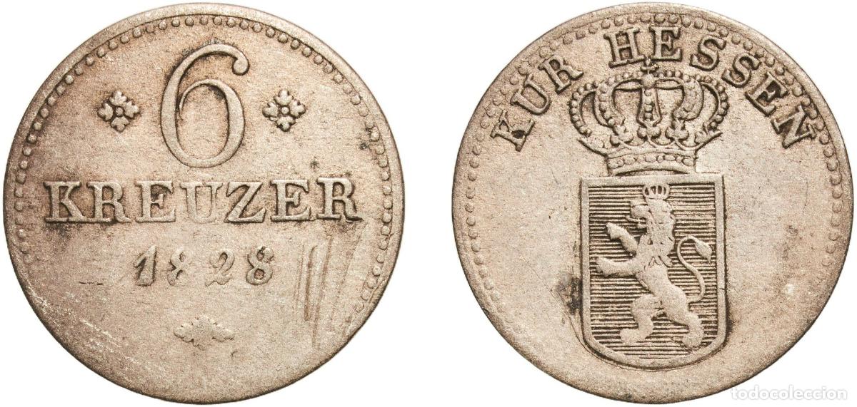 Monedas antiguas de Europa: Germany Upper Hesse, Province of German states 1828 6 Kreuzers - William II Billon Kassel Mint 2.3g