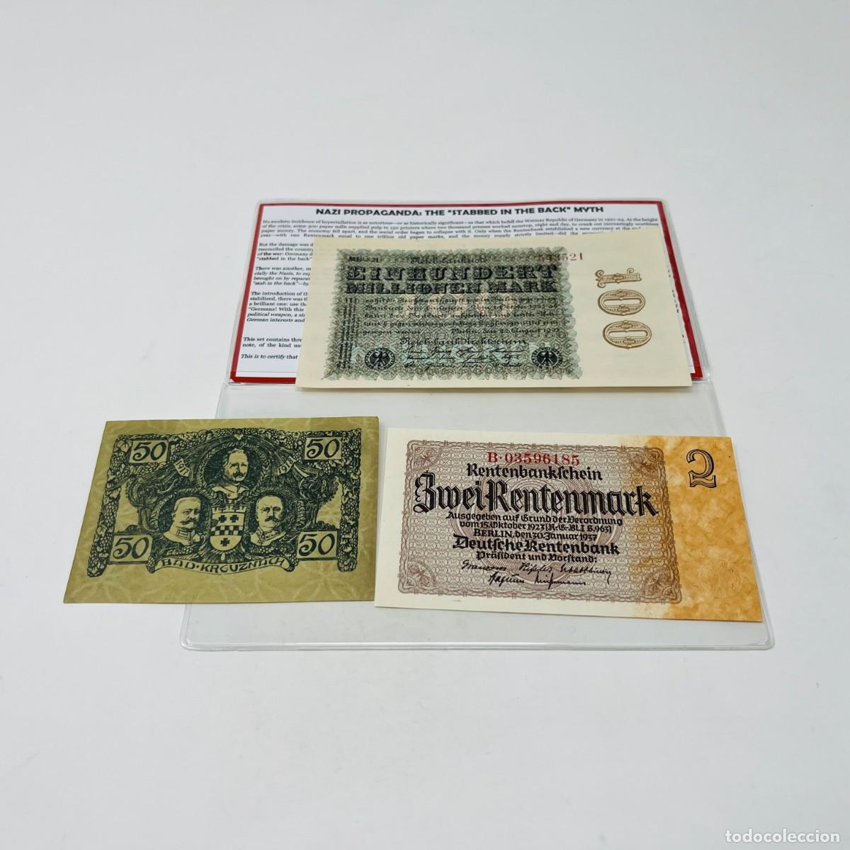 Monedas antiguas de Europa: Set 3 Billetes Originales Alemania 1923-1937 | Hiperinflaci&oacute;n y Rentenmark | S/C + Certificado